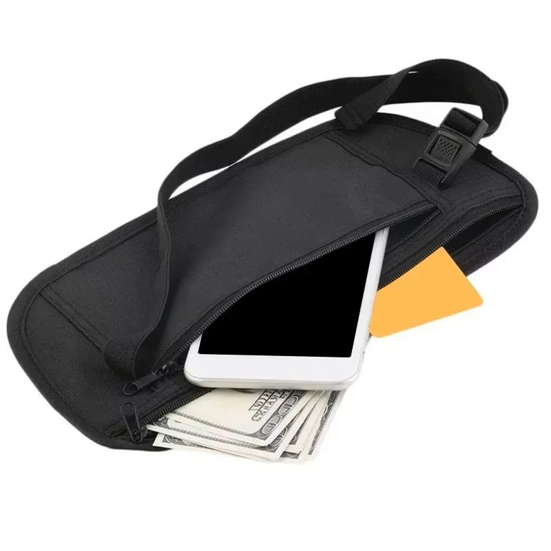 Travel Wallet Slim - 隠しポケット付きの旅行用ウエストポーチ。ナイロン製で軽量、スリムなデザイン。パスポートホルダーとしても使用可能。目立たないセキュリティウォレット。