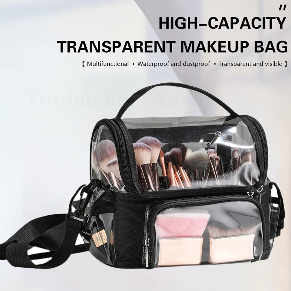 Travel Accessories Toiletries - メイクブラシホルダーバックパックメイクアップアーティストトラベルケースクリア防水化粧品オーガナイザーバッグ調節可能なストラップディバイダー付き